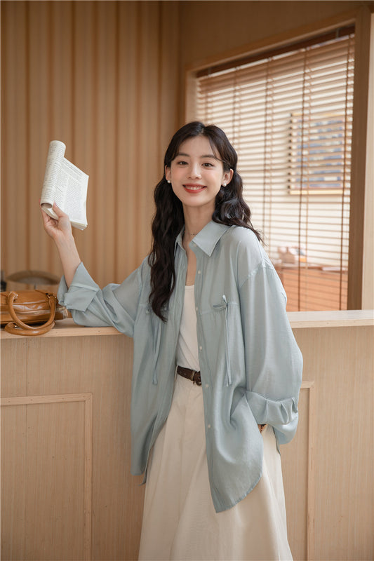 Light Blue Tencel Button-Down Long Sleeve Shirt - Masion Chérie