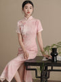 Blush Pink Rose Print Jacquard Cheongsam Dress