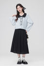 Bow-Tie Collar Blue Buttoned Blouse and Pleated Black Skirt Set