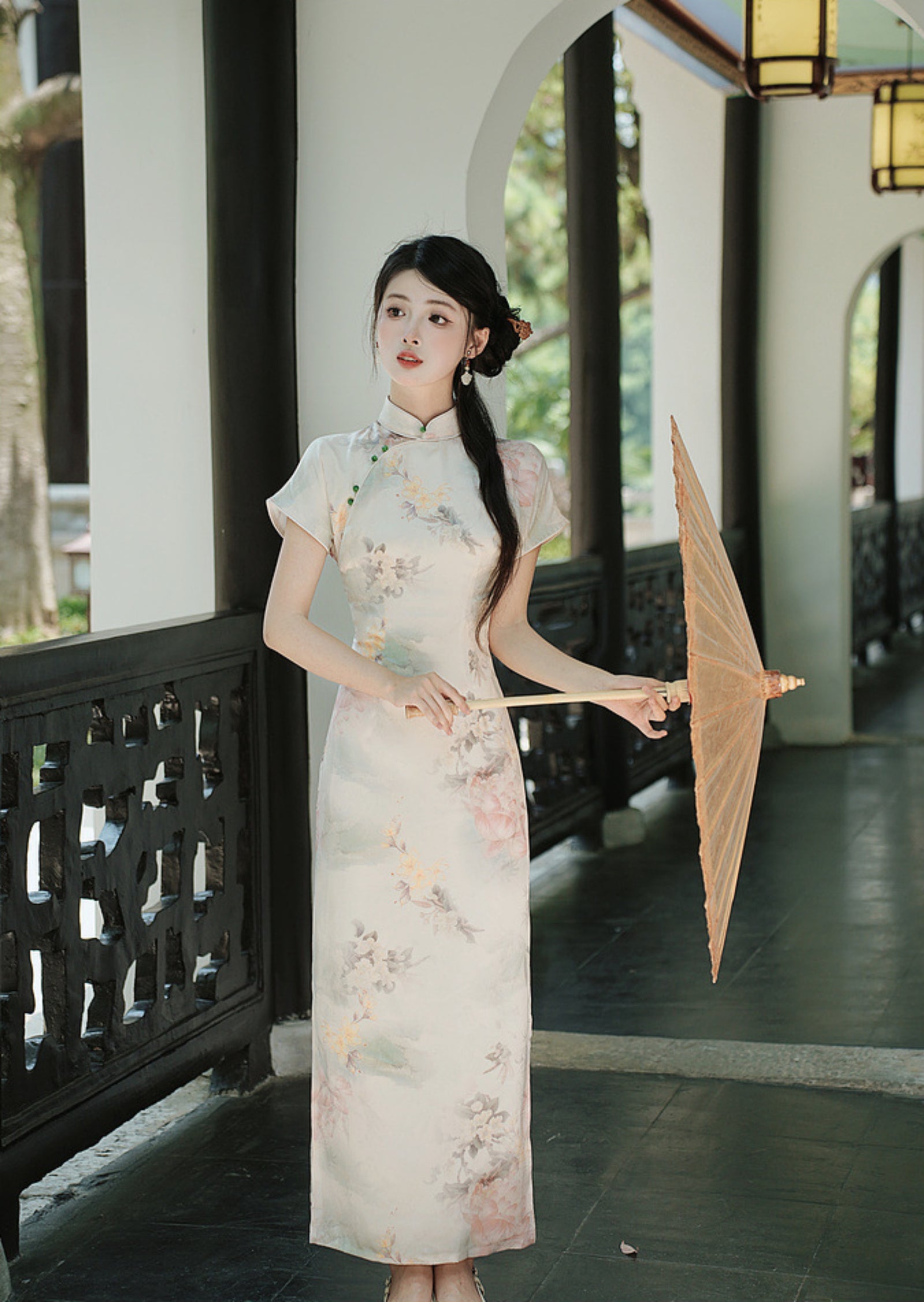 Graceful Floral Print Ivory Modified Cheongsam Maxi Dress