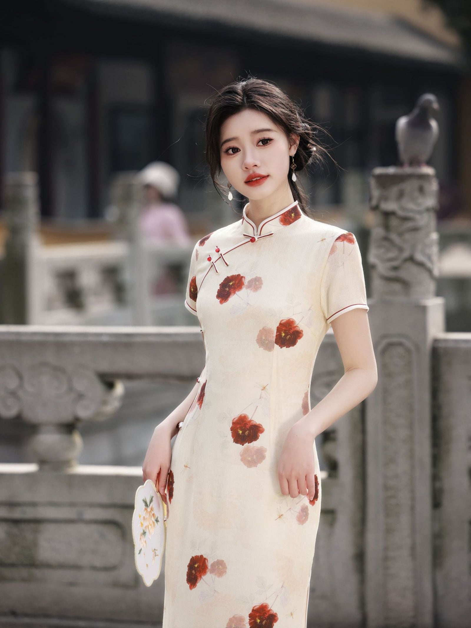 Delicate Ivory Floral Print Cheongsam Dress