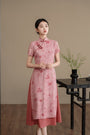 Graceful Watermelon Red Floral Silk Linen Layered Cheongsam Dress