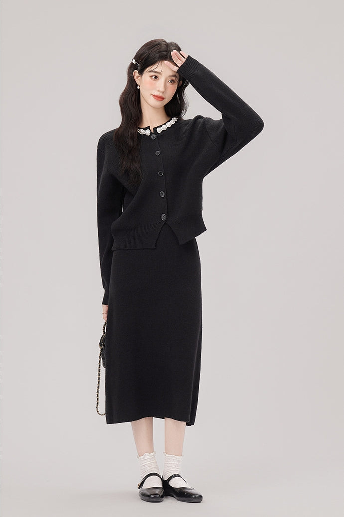 Elegant Embellished Collar Black Knit Cardigan and Skirt Set