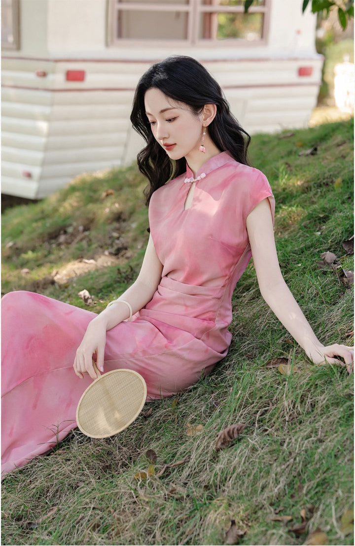 Vintage Pink Watercolor Modified Cheongsam Dress - Masion Chérie