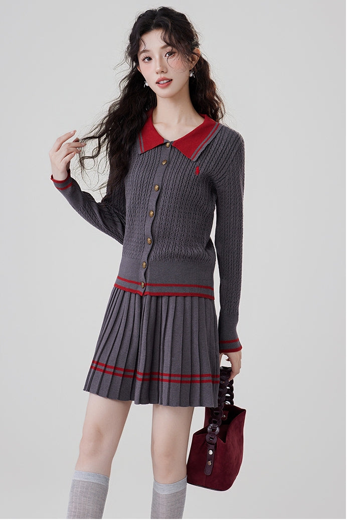 Contrast Color Cable Knit Top and Pleated Mini Skirt Set