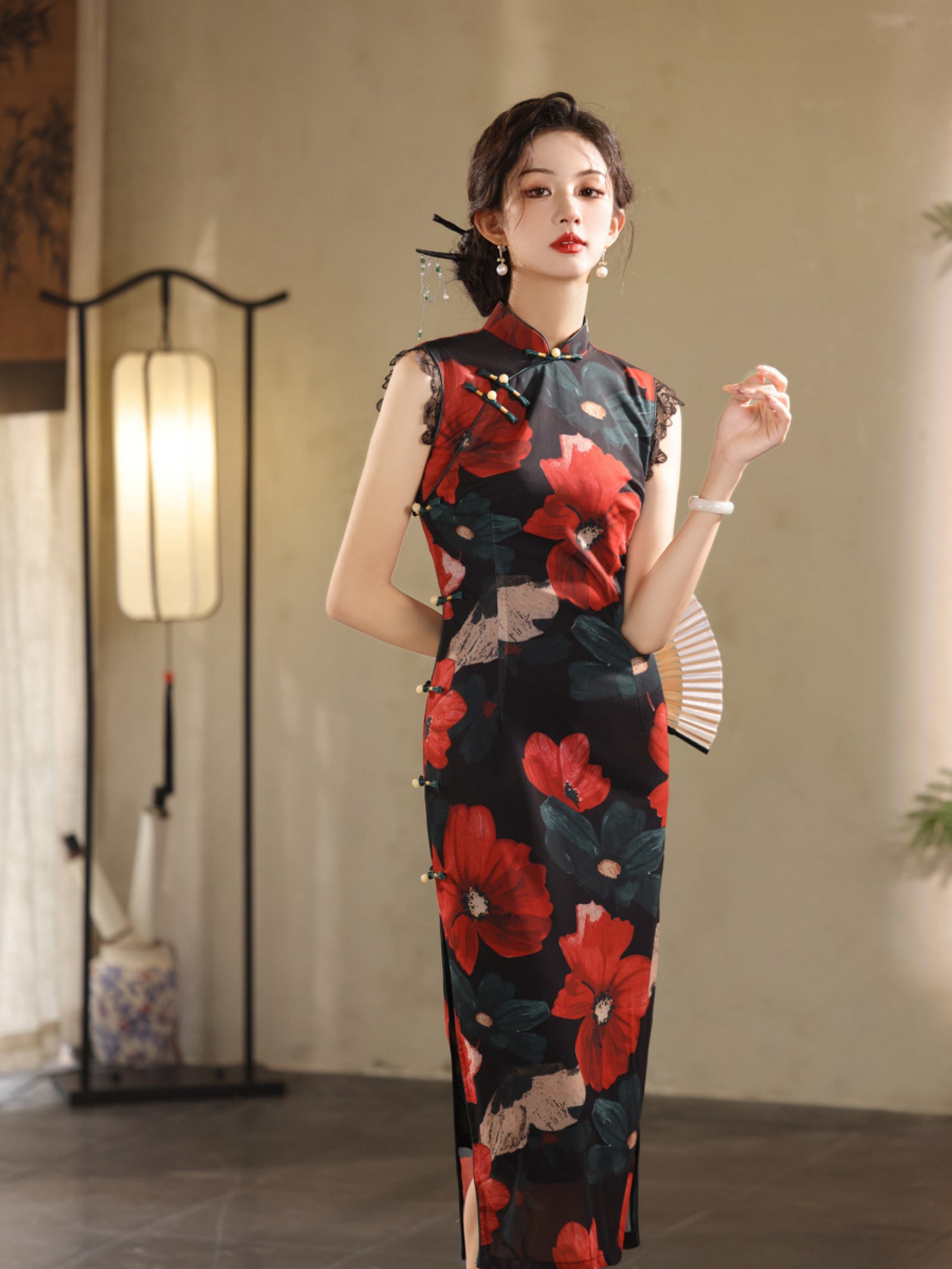 Bold Red Floral Cheongsam Dress