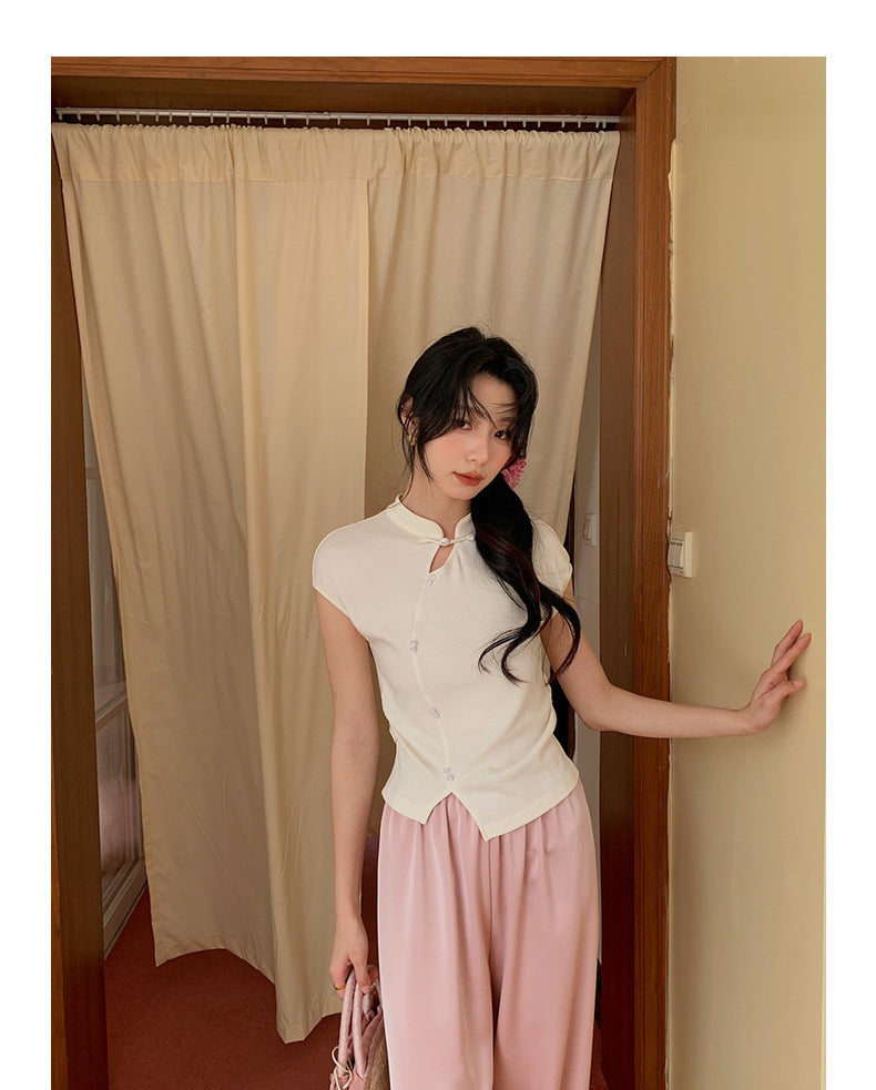 New Chinese Style Stand Collar Button-Up Slim-Fit Blouse - Masion Chérie