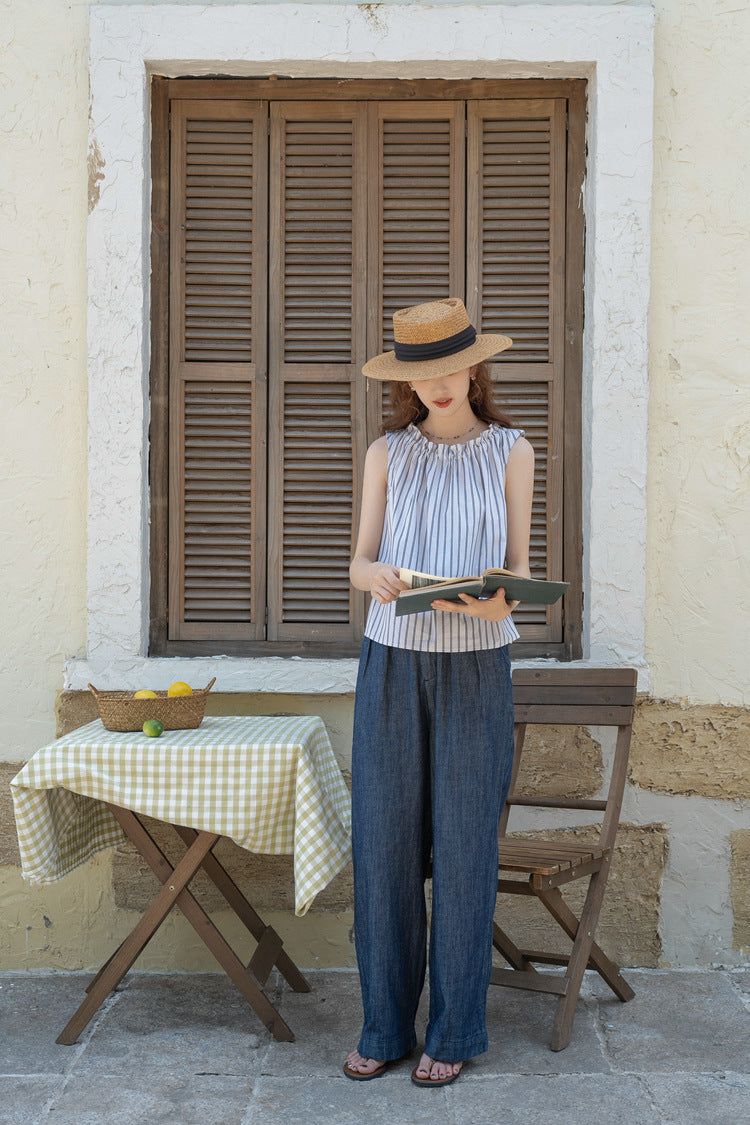 Striped Gathered Neck Sleeveless Top - Masion Chérie