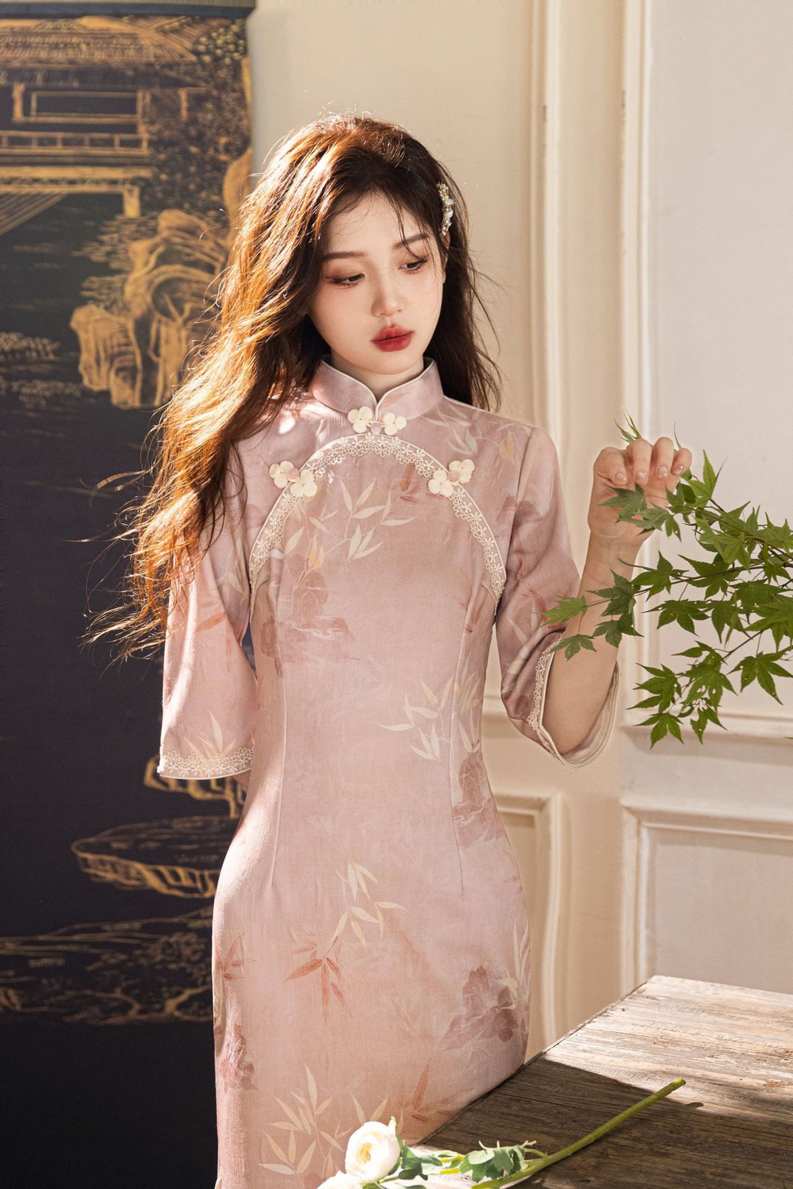 Opulent Blush Pink Jacquard Floral Cheongsam Dress