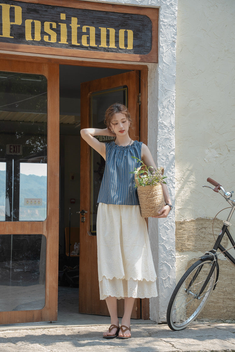 Striped Gathered Neck Sleeveless Top - Masion Chérie