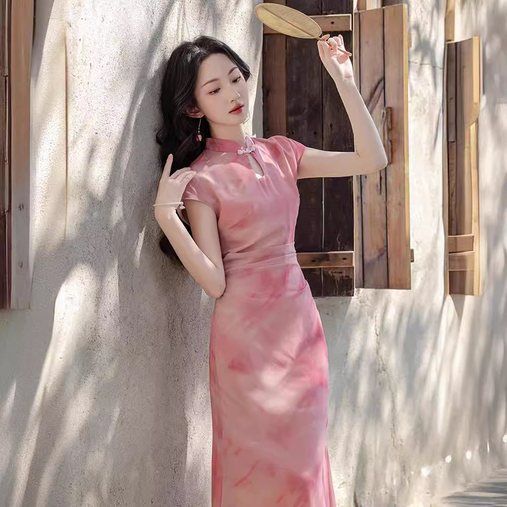 Vintage Pink Watercolor Modified Cheongsam Dress - Masion Chérie