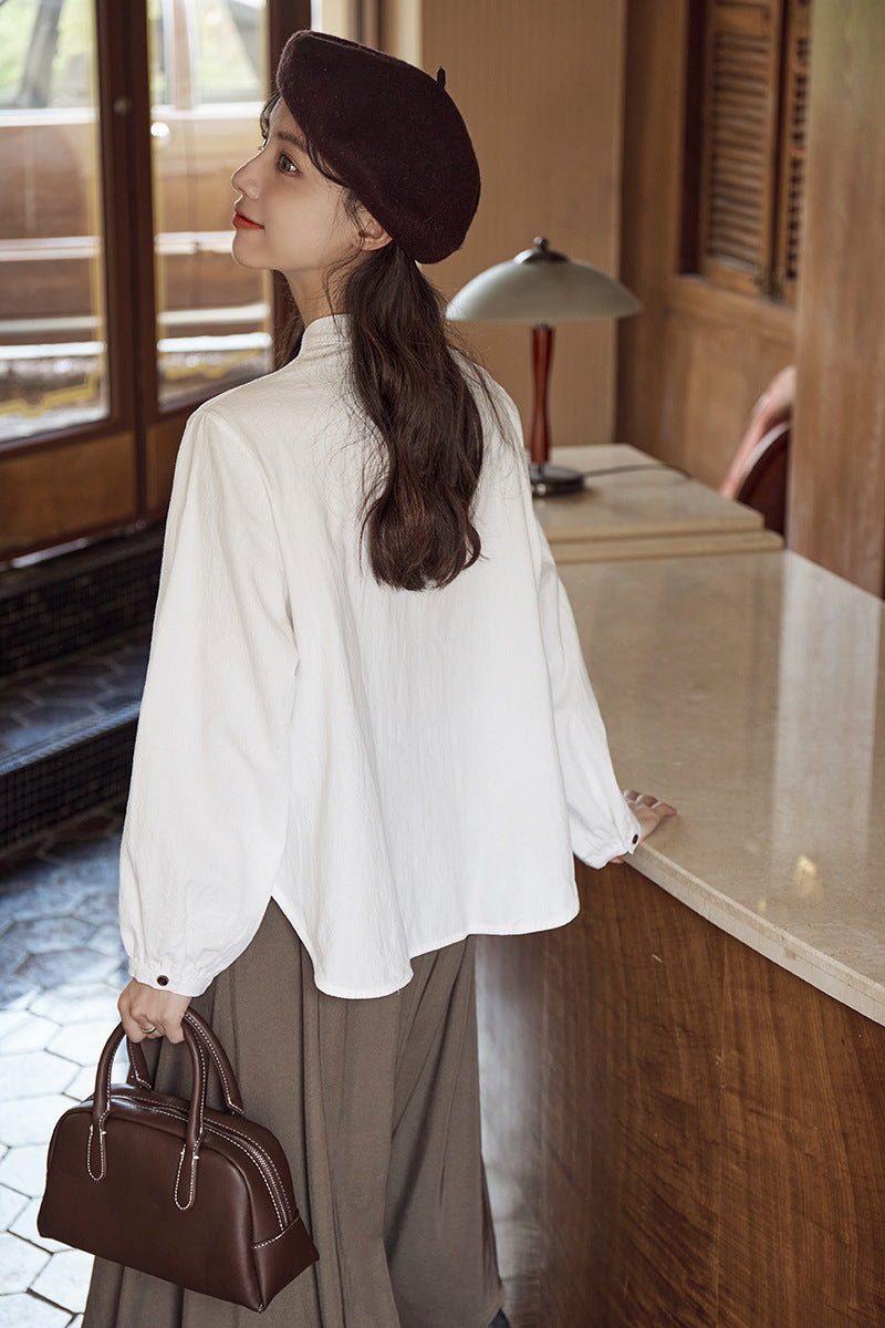 White Long Sleeve Button-Down Blouse - Masion Chérie