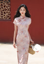 Romantic Vintage Tencel Satin Pastel Pink Floral Cheongsam Dress