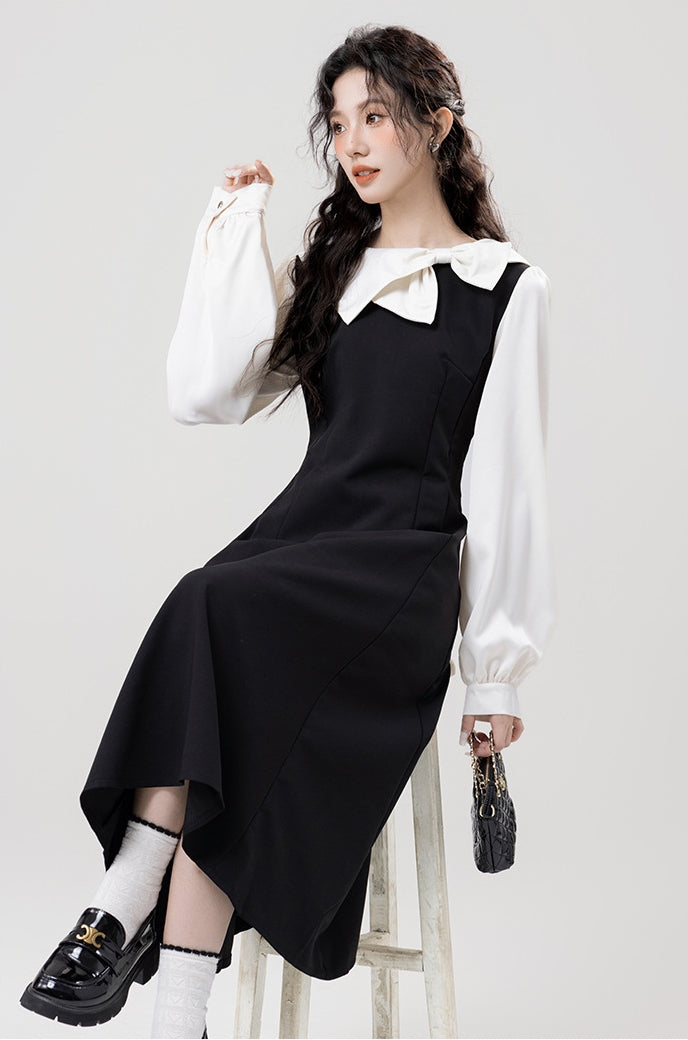 Classic Black Pinafore Layered Look Midi Dress