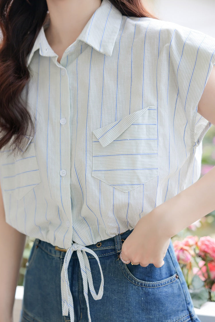 Striped Cap Sleeve Button-Down Blouse - Masion Chérie