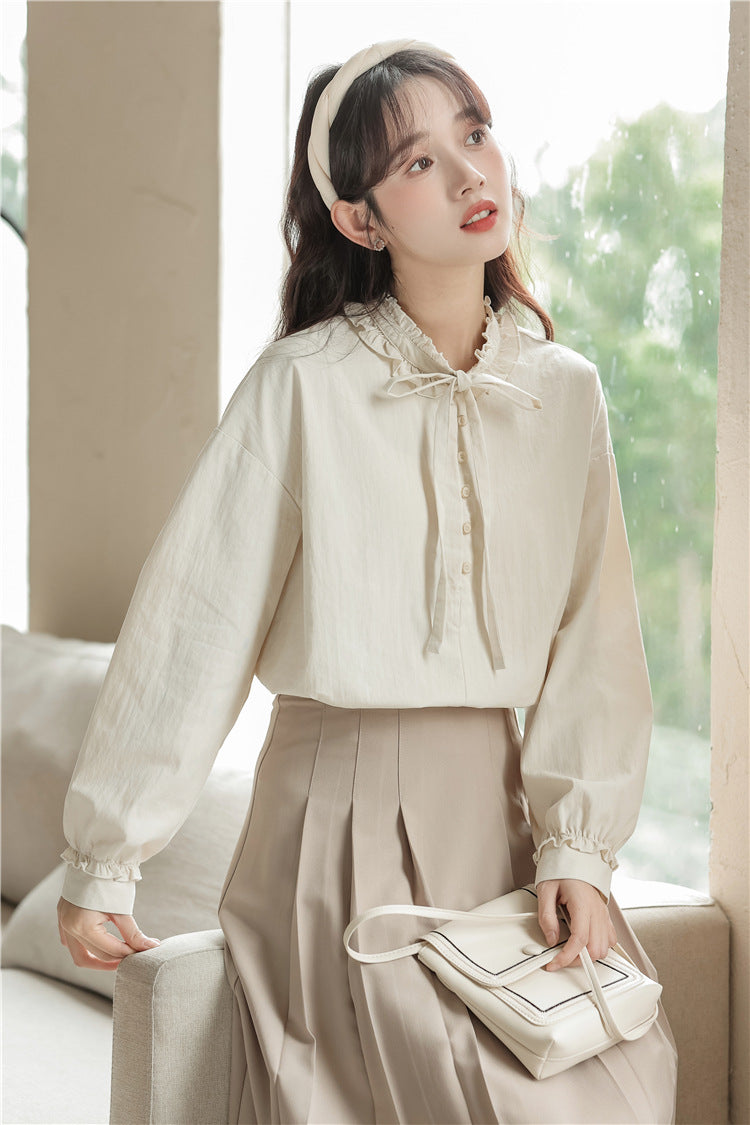 Elegant Ruffled Collar Ribbon-Tie Loose Fit Blouse