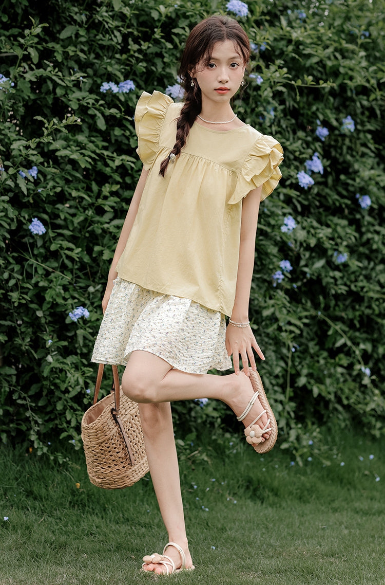 Yellow Ruffled Sleeve Blouse and Floral Mini Skirt Set