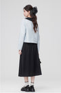 Bow-Tie Collar Blue Buttoned Blouse and Pleated Black Skirt Set