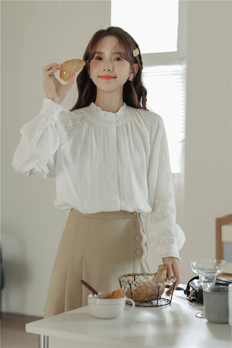 Elegant White Ruffled Buttoned Front Blouse