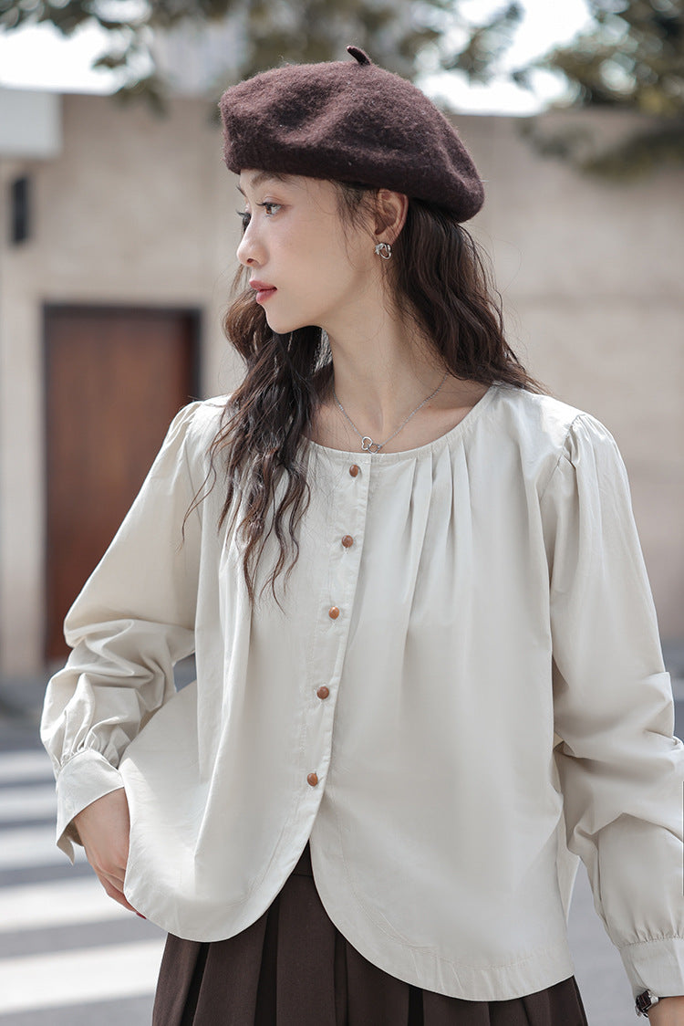 Minimalist Round Neck Buttoned Front Blouse