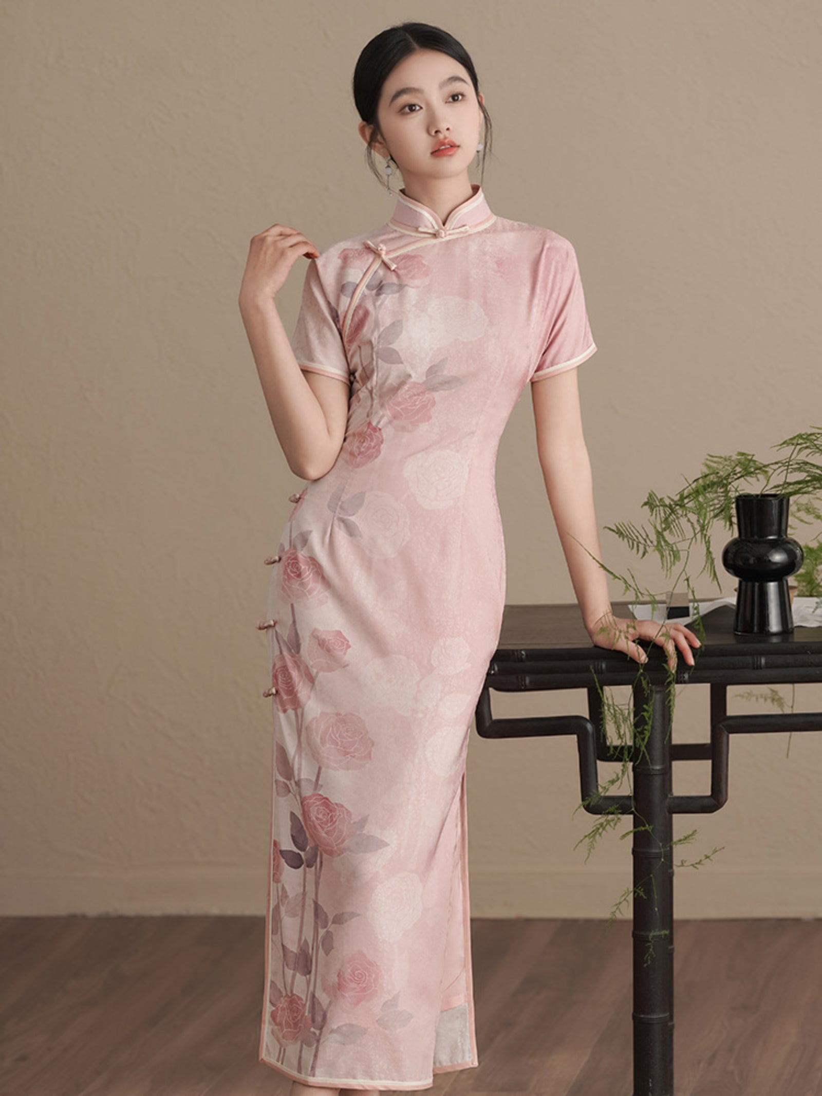 Blush Pink Rose Print Jacquard Cheongsam Dress