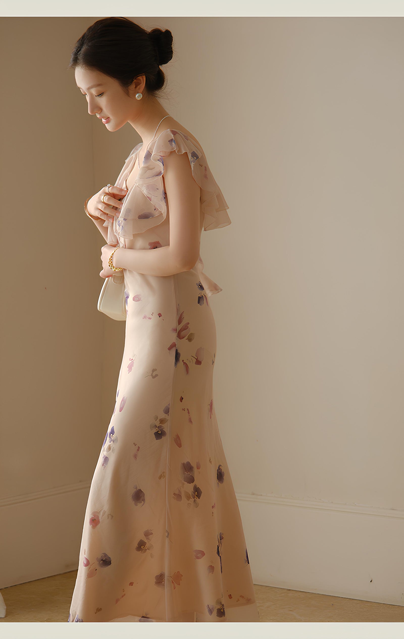 Elegant Ruffled Floral Chiffon Maxi Dress - Masion Chérie