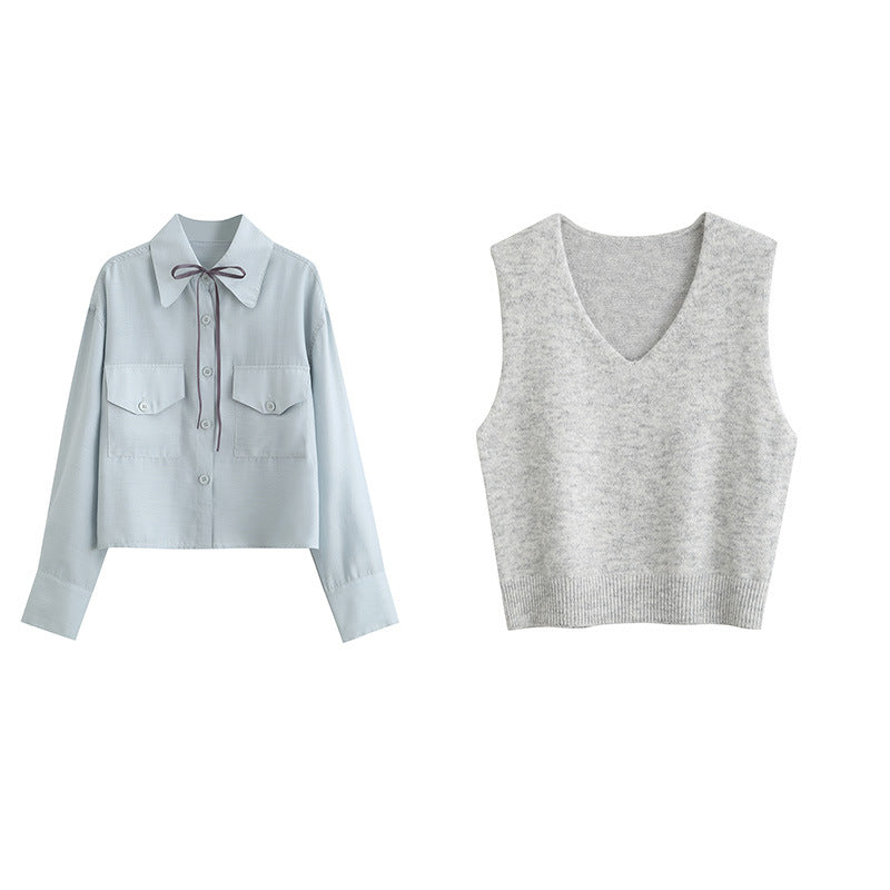 Light Blue Ribbon Tie Button-Up Shirt Grey Knit Vest Set