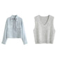 Light Blue Ribbon Tie Button-Up Shirt Grey Knit Vest Set