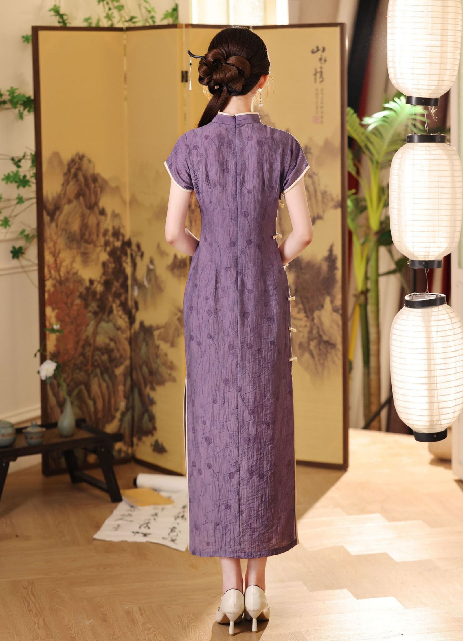 Lavender Tencel Cotton Modified Cheongsam Dress