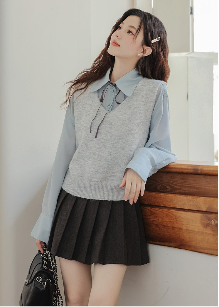 Light Blue Ribbon Tie Button-Up Shirt Grey Knit Vest Set