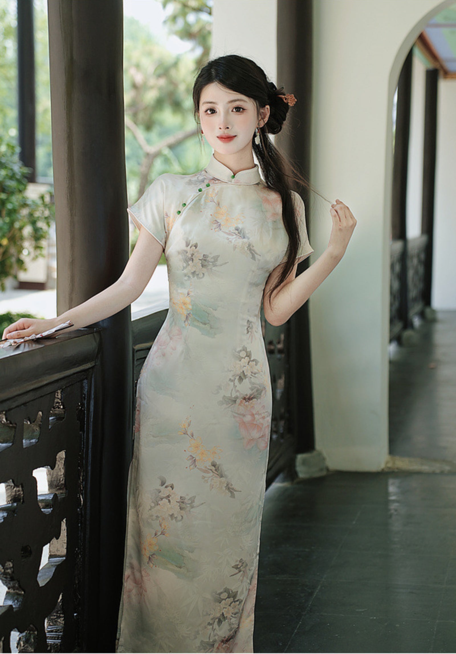 Graceful Floral Print Ivory Modified Cheongsam Maxi Dress