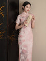 Blush Pink Rose Print Jacquard Cheongsam Dress