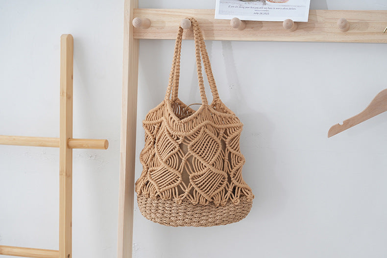 Cotton Rope Paper Woven Colour-Block Hollow Vacation Shoulder Bag - Masion Chérie