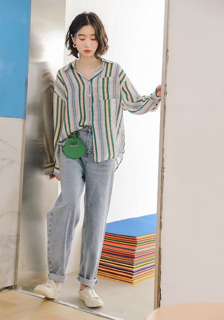 Vibrant Striped Button-Up Long Sleeve Blouse - Masion Chérie