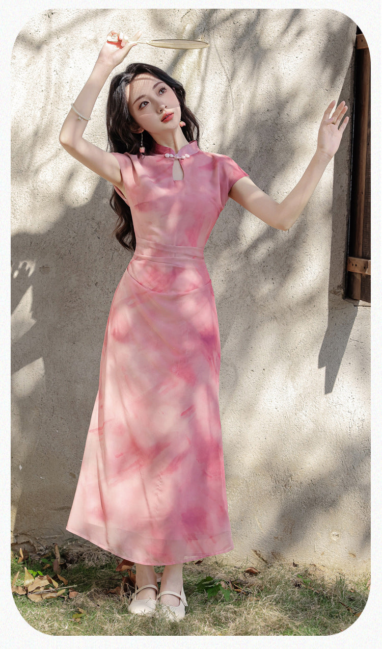 Vintage Pink Watercolor Modified Cheongsam Dress - Masion Chérie