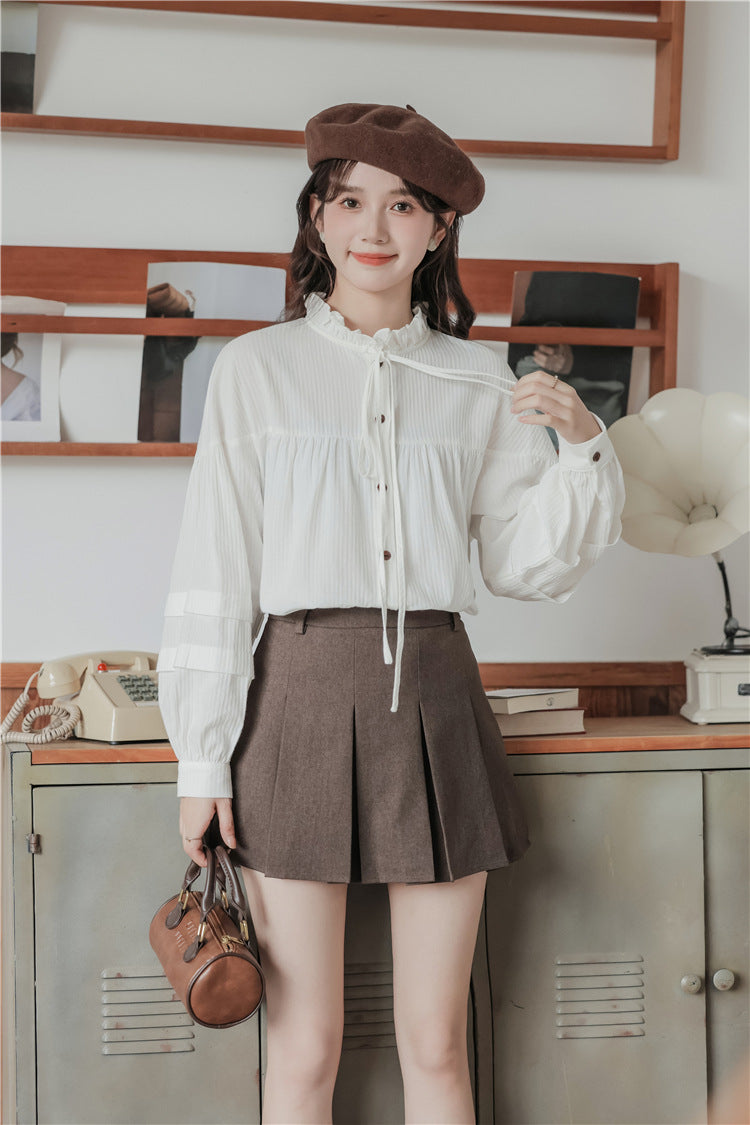 Whimsical White Button-Front Ruffle Collar Blouse