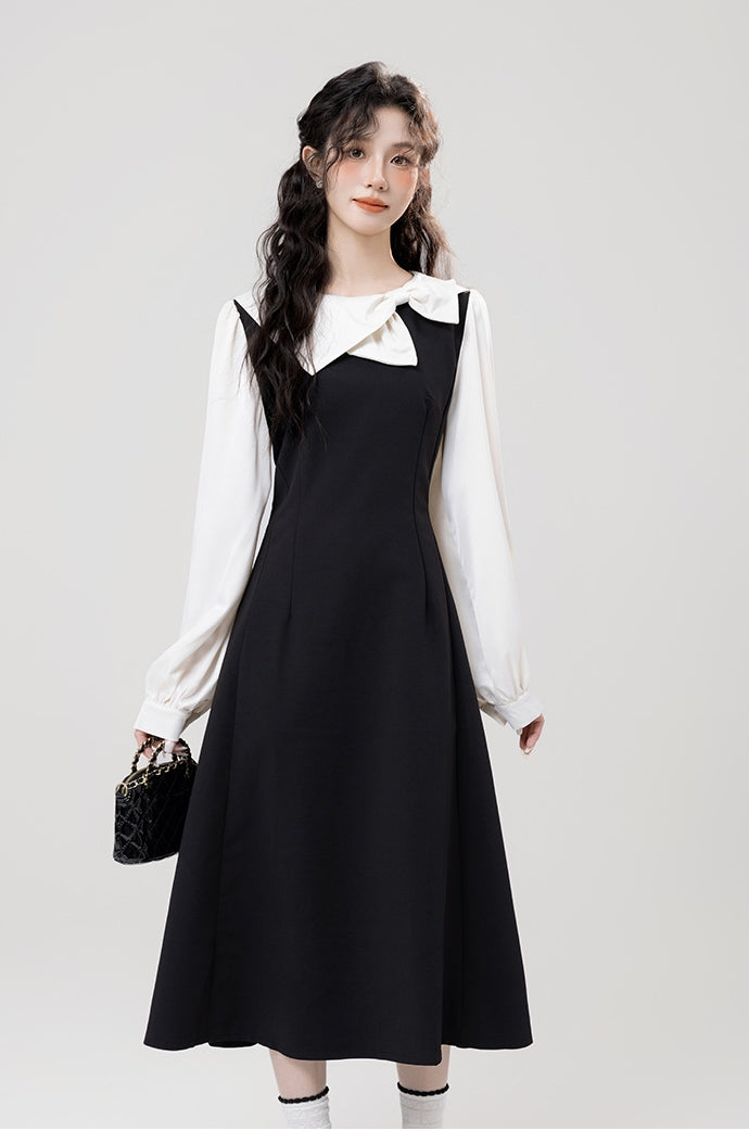 Classic Black Pinafore Layered Look Midi Dress