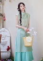 Floral Embroidered Mint Green Cheongsam Two-Piece Set