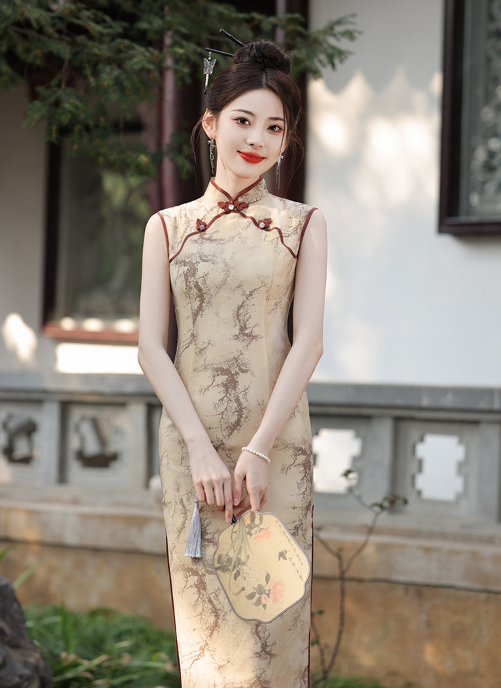 Vintage Ink Wash Tencel Linen Sleeveless Cheongsam Dress