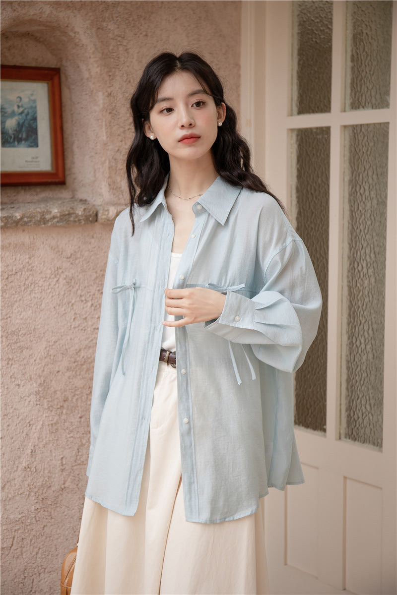 Light Blue Tencel Button-Down Long Sleeve Shirt - Masion Chérie