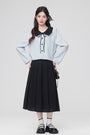 Bow-Tie Collar Blue Buttoned Blouse and Pleated Black Skirt Set