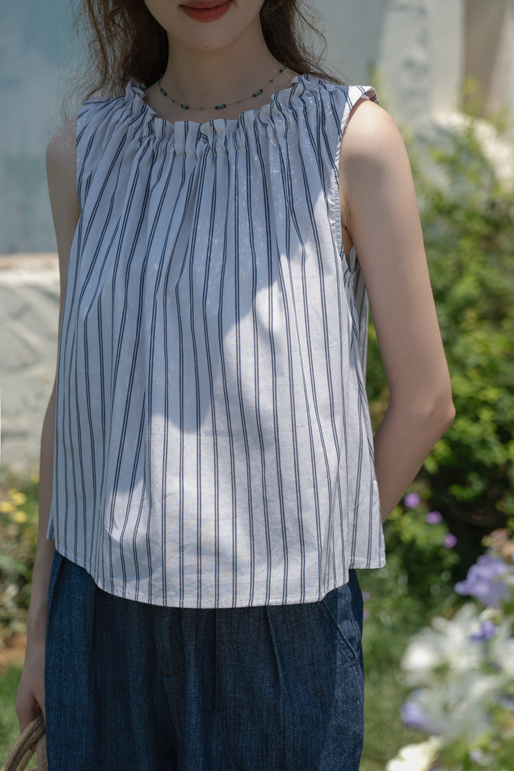 Striped Gathered Neck Sleeveless Top - Masion Chérie