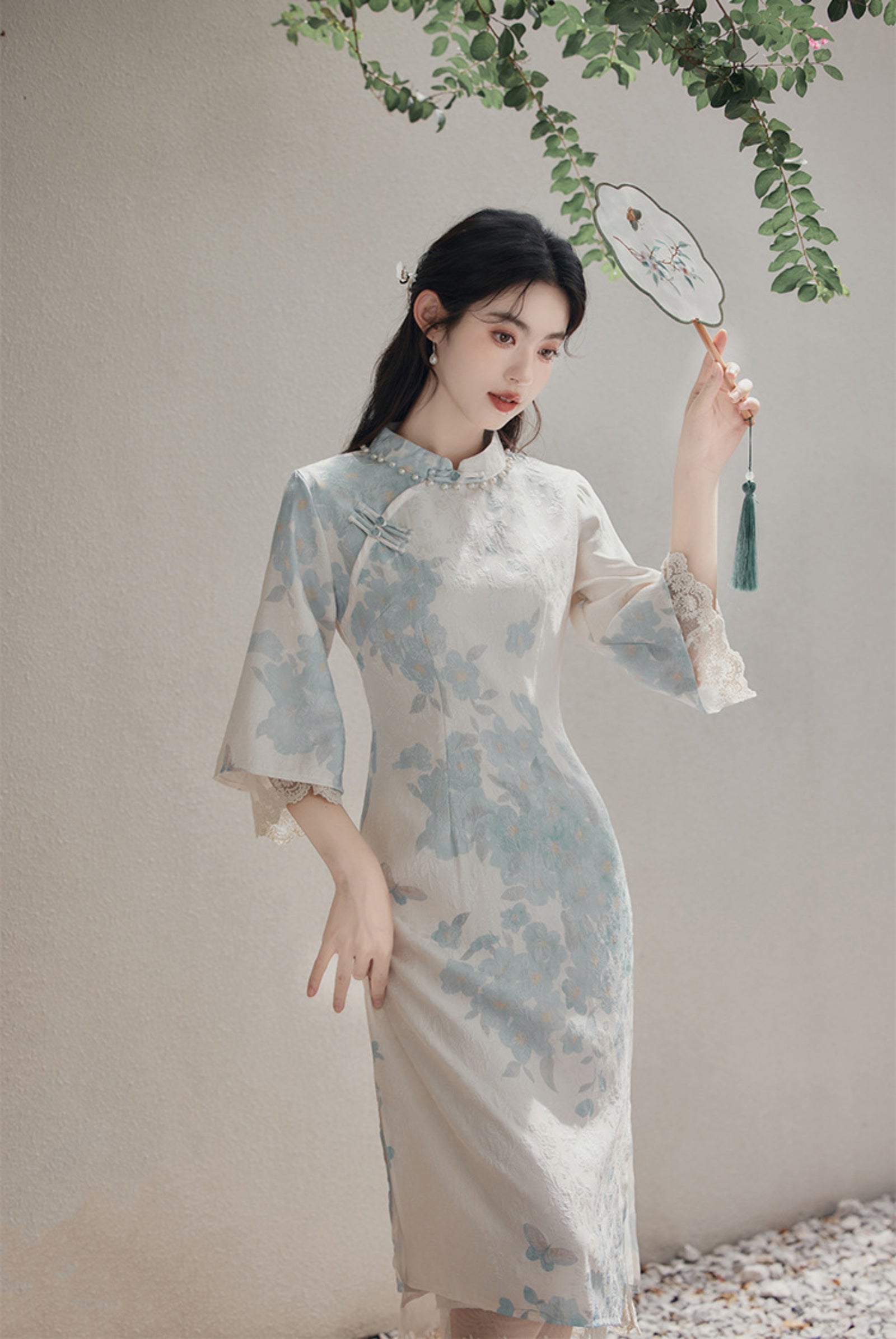 Delicate Pastel Floral Lace Cheongsam Dress