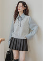 Light Blue Ribbon Tie Button-Up Shirt Grey Knit Vest Set