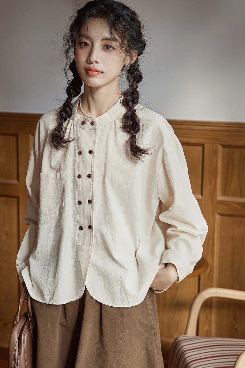 Classic Ivory Double-Breasted Button Front Blouse