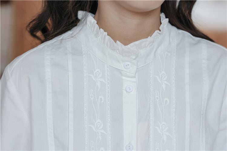 White Embroidered Frilled Collar Long Sleeve Blouse - Masion Chérie