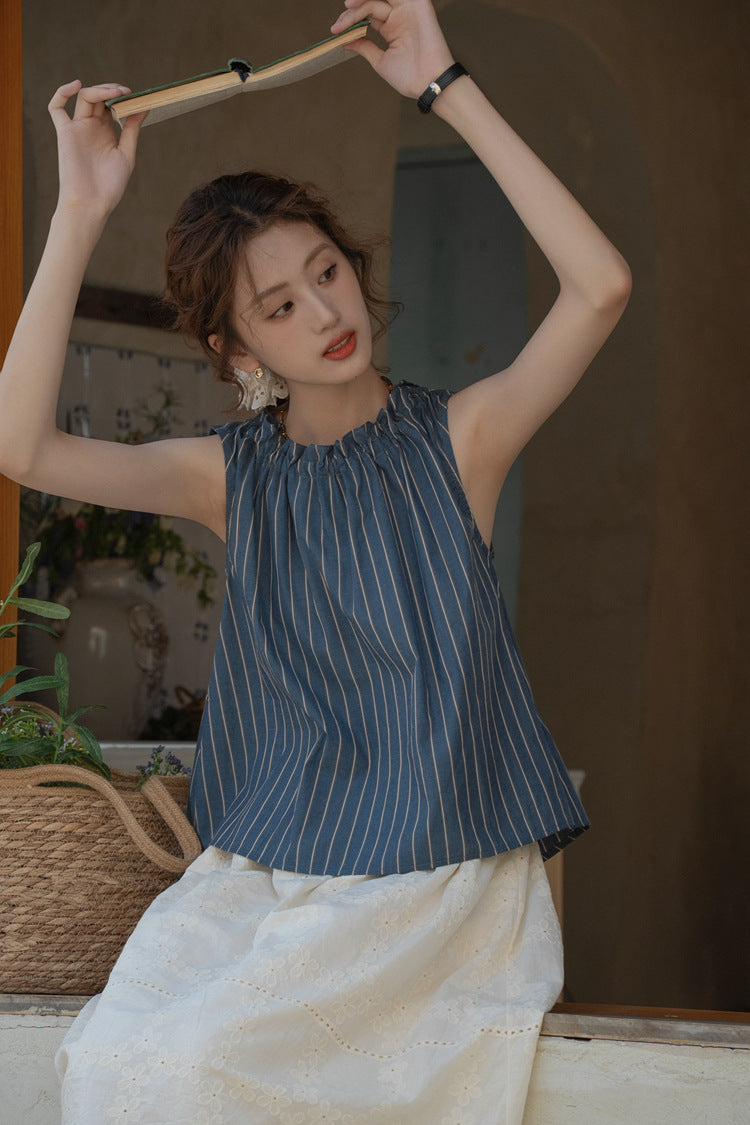 Striped Gathered Neck Sleeveless Top - Masion Chérie