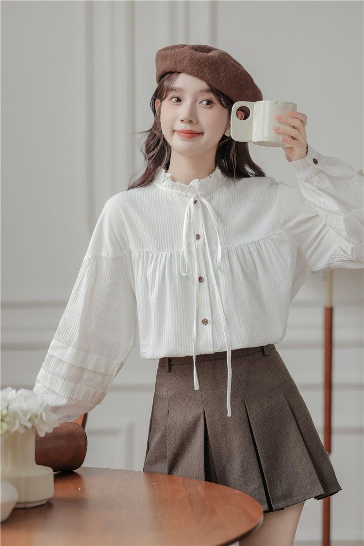 Whimsical White Button-Front Ruffle Collar Blouse