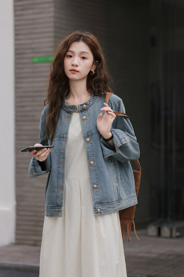 Vintage-Inspired Denim Button-Front Jacket