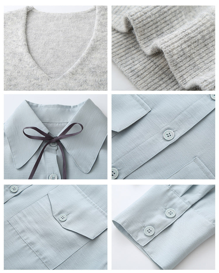 Light Blue Ribbon Tie Button-Up Shirt Grey Knit Vest Set